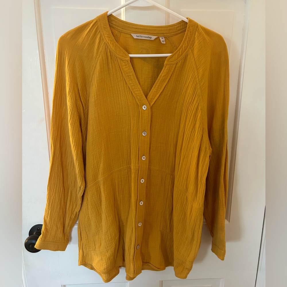 SOFT SURROUNDINGS JODI GAUZE BUTTON UP TUNIC TOP IN MARIGOLD SIZE MEDIUM